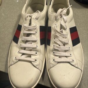 Men's White Sneakers with Red and Blue Stripes